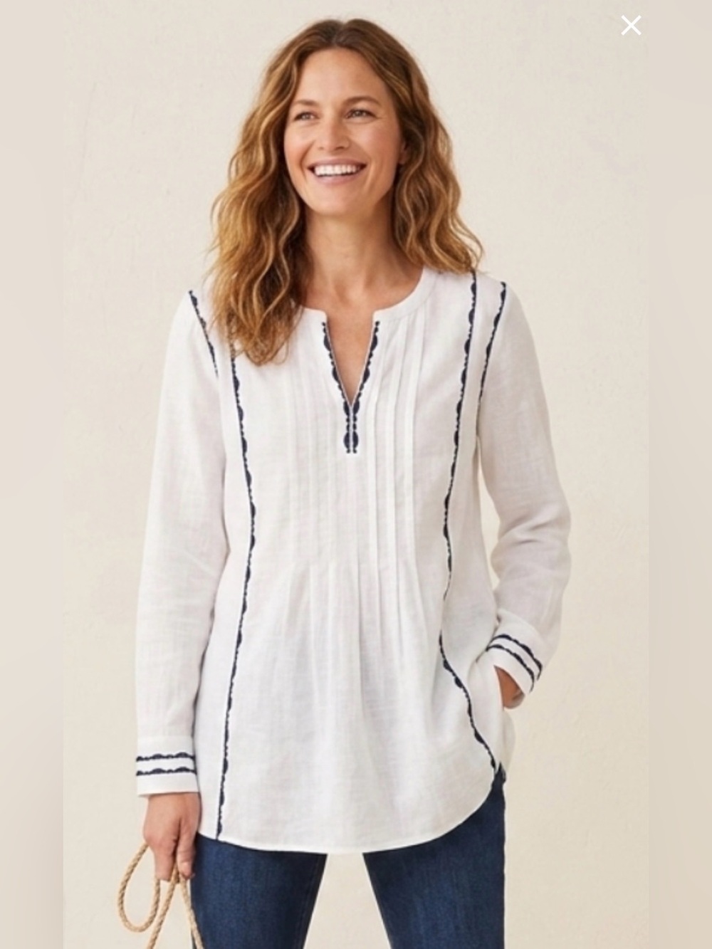 J. JILL White Blue Cotton Embroidered Coastal Tunic Blouse Size Large Tall